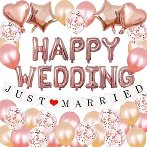 49pcs Wedding Backdrop Decoration Photo Prop HAPPY WEDDING Foil Banner Bunting Balloons Latex Balloon Paper Banner Garland