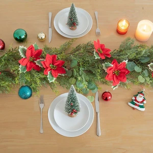 Boutique Store Front Seasonal Hanging Swag Customizable Artificial Evergreen Teardrop Swag Red Poinsettia Cedar Mixed Foliage