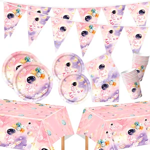 Pink Starry Sky Astronaut Birthday Tableware Paper Plates Cups Napkins Tablecloth Triangle Pennant Birthday Decor Supplies