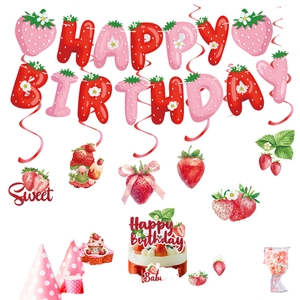 CHMH New Fruit Strawberry Theme Birthday Party Decoration Set Includes Flag Cake Card Party Balloon Paper & Latex Materials