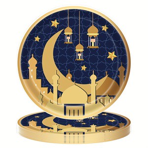 Eid Mubarak Disposable Dinnerware Set Ramadan Paper Plate Cups Napkin Kit Islamic Party Supplies Muslim Table Decorations 7inch