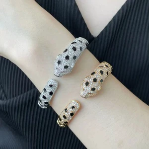 Women Men Punk Full CZ Diamond Panther Cuff Bangle Green Eyes Animal Jewelry Black Enamel Leopard Head Bracelet Hip Hop Panther
