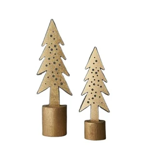 Stand Set of 2 Festive Christmas Xmas Tree Decorations Durable Metal & Wood 10 Inch