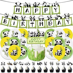 Cute Panda Bamboo Theme Modern Birthday Party Decoration Set Tableware Including Letter Flag Cake Flag Balloon Background