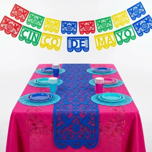 Mexican Fiesta Party Decor Kit Cinco De Mayo Decorations Tablecloth Placemat Paper Plate Cup and Cutout Banner for Themed Event