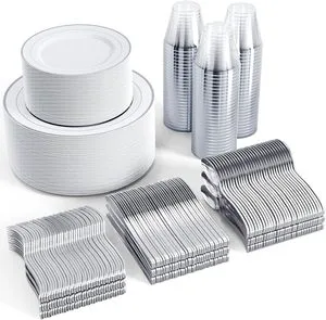 600pcs Disposable Plastic Dinnerware Set Silver Gold Rim For 100 Guests Includes Dinner Salad Plates Cups Cutlery Wedding Party
