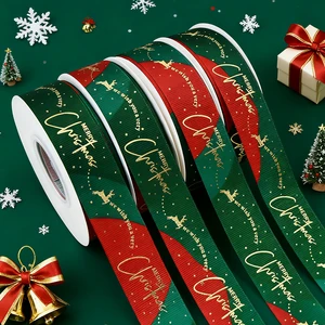 Custom Printed Christmas Ribbon 2.5cm Grosgrain | Gold Foil Stamped Green Ribbon for Xmas Trees, Bouquets & Cake Decoration