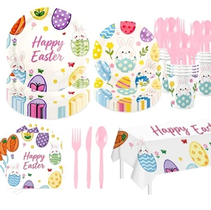 Easter Bunny Theme Paper Disposable Tableware (Plates Cups Towels Tablecloth) Modern Party Favors Decoration Set