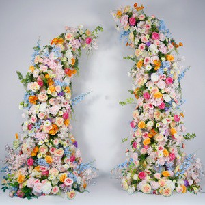 Finished Bull Horn Arch Colorful Floral Panel Wedding Background Stage Decoration Artificial Flower Arrangement