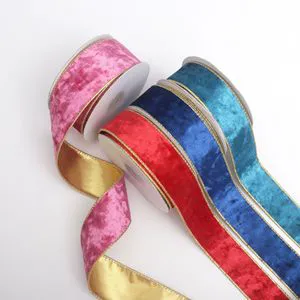 Luxury Floral Polyester 40mm 1.5inch Wide Velvet Ribbon Iron Wire Gold Edge Christmas Tree Wreath Decoration Bow Material