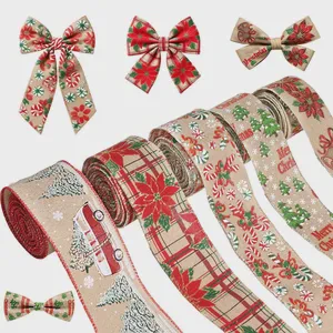 Boutique DIY Christmas Wire Ribbons Burlap Line Edge Gift Wrapping Diy Bow Wired Ribbon Plaid Bow Decor Wire Edged Wreath Ribbon
