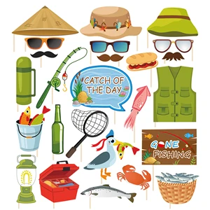Huancai Gone Fishing Party Favors 25 PCS Photo Booth Prop DIY Photo Props with Sticks for Kids Fishing Birthday Party Supplies