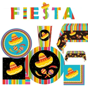 Mexican Carnival Fiesta Party Supplies Paper Plates Dishes Cups Napkins Tablecloths Disposable Dinnerware Set and Banners Decor
