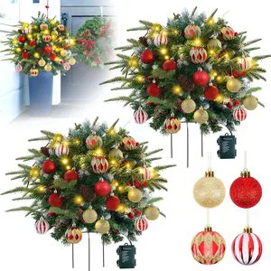 2 Pack Christmas Tree Urn Filler Pre-lit Xmas Pine Trees with Christmas Balls Tripod Stake for Porch Yard Garden Outdoor Holiday