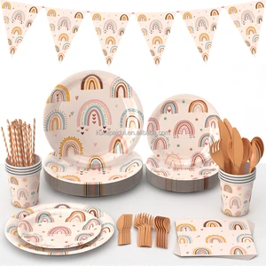 Bohemian rainbow Party Decorations Soft-toned Paper Plates Tablecloths Cups Napkins and Knives