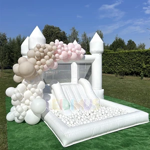 13'X10' White Bouncy Castle Slide Inflatable Commercial Bounce House For Wedding And Party With Ball Pit And Slide