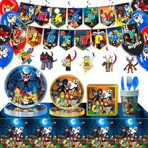Hot New Roblox 99 Nights in The Forest Birthday Party Supplies, Game Themed Decor Banner Balloon Tableware Set for Kids Party