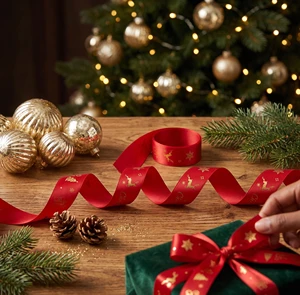 Xmas Themed Printed Satin Ribbon Red Green Blue Polyester Ribbon for Christmas Gift Bouquet Wrapping Tree Decoration