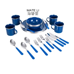 High Quality Durable 24 Pieces Enamel Mug Bowl Plate Dish Spoon Fork Knife Outdoor Camping Dining Tableware Sets