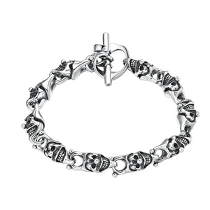 BOCAI S925 Sterling Silver Men's Retro Punk Clown-Skull Bamboo-Chain Bracelet Bangle Party Fashion Jewelry Wholesale