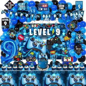 Custom Birthday party balloon Decorations set for Boys Blue Video Game level 9 Party Supplies for Boy 9th Birthday