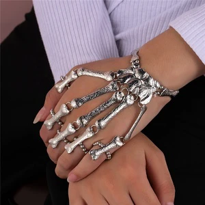 New Arrival Fashion Gothic Silver Plated Skeleton Hand Bone Halloween Five Finger Ring Bracelet Jewelry
