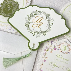 Custom Personalized French Garden Floral Paper Hand Fan Monogram Decor With Tassel For Wedding Guest Souvenir