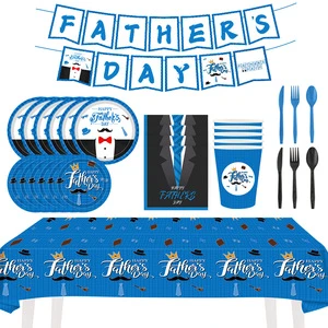 Father's Day Themed Luxury Eco-Friendly Disposable Paper Tableware Set with Tray Cup Tissue & Tablecloth Banners
