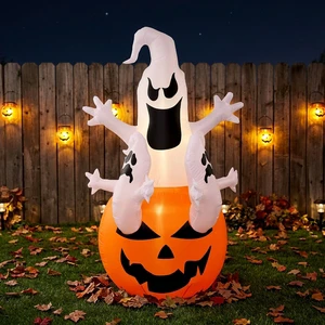 Halloween Inflatable Phantom Pumpkin Bucket with Colorful Candy Outdoor Courtyard Decoration LED Light Ornament for Halloween