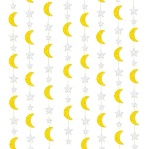 Factory Wholesale Islamic Muslim Moon Star Glitter Paper Garland Ramadan EID Mubarak Party Hanging Decorations Supplies