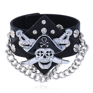 Steampunk Skull Finger PU Leather Bracelet for Men Gothic Silver Color Link Chain Bracelets Bangles Rock Halloween