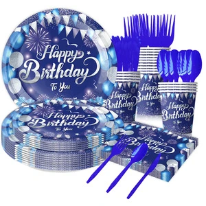 New Blue Birthday Theme Party Tableware Supplies Decoration Disposable Paper Plates Cups Napkins Tablecloth Knives Forks Spoons