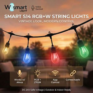 DC 24V Outdoor LED String Lights 24FT 2700K Warm White CRI90 IP65 Waterproof Wireless Control Dimmable Hanging Light