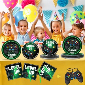 Green Cartoon Game Pad Disposable Paper Tableware Set for Boys Birthday Party Thanksgiving Decorations 96PCS
