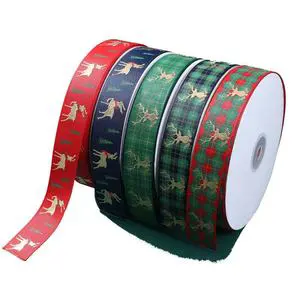 Wholesale Christmas Grosgrain Ribbon Gold Foil Reindeer Plaid Printed Ribbon for Gift Wrapping Decoration