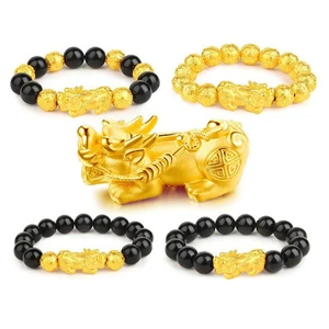 Dubai Gold Jewelry Alluvial Gold Plated-Like Men's Obsidian Pi Xiu Bracelet 3D Gold Plated Agate Picchu Lucky Beads Wholesale