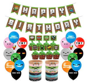 Pixel Style Gamer Party Supplies, Miner Theme Birthday Party Favors and Decors Set