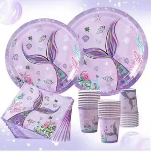 Custom Cup Napkin Tablecloth Banner Paper Plates Disposable Party Tableware Set Mermaid Birthday Muslim Party Table Decorations