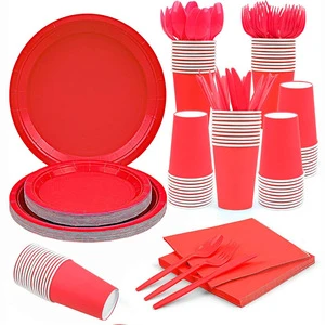 24 Guest Disposable Solid Color Plastic Paper Plate Cup Tableware Set Valentine's Day Birthday Party Dinnerware Table Decoration