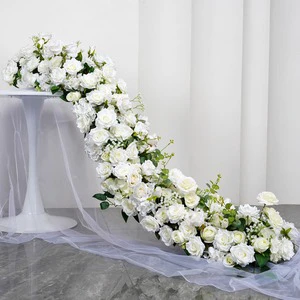 Modern Custom New Wedding Decor White Silk Artificial Rose Flowers Table Runner Table Centerpiece and Aisle Floral Runner