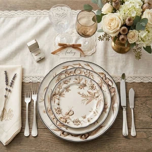 Vintage Brown Floral Ceramic Dinner Plate Set Classic Scalloped Edge Porcelain Dishes Wedding Hotel Table Decor Party Tableware