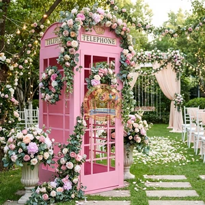 Hot Sale Graduation Events Photo Booth Props Antique Pink White Floral Metal Telephone Booth Outdoor Wedding Decor OEM Party