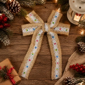 Artificial Burlap Bow Decoration Lace Ribbon Bow with Floral Detail for Christmas Wreath Door Holiday Home Decor Wholesale