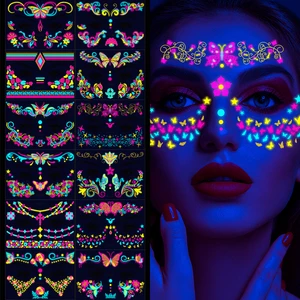 Waterproof Temporary Tattoo Sticker Masquerade Neon Fluorescent Face Sticker Music Festival Glowing Fake Tattoo Makeup Glitter