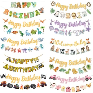 Jungle Mermaid Dinosaur Ocean Woodland Pink Farm Hanging Banner Paper Flags Happy Birthday Party Banners Decoration Party