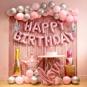 Rose Gold Pink Birthday Theme Luminous Balloon Set for Children's Party Scene Background Wall Decoration