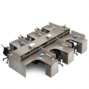 Modern L-shaped PVC Staff Desk 4/6 Position Card Seat Office Desk and Chair Combination with Bookcase Storage
