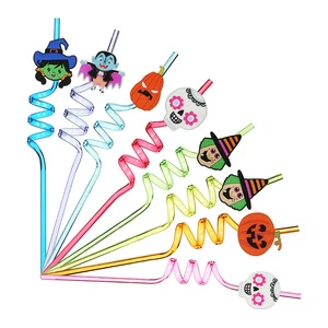 8 Pieces Colorful Reusable Cartoon Drinking Straw Party Decorations Pumpkin Bat Halloween Curved Straws