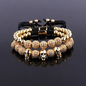 Renting Jewelry New Design 18K Gold Plating Luxury CZ Pave Ball Skull Charms Women Men Macrame Adjustable Bracelet