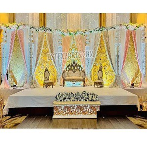 Maharaja Wedding South Indian Stage Decor Luxury White Gold Traditional Wedding Stage Best South Indian Stage for Indoor Wedding